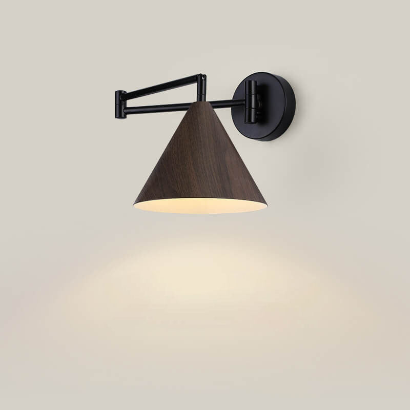 Contemporary Nordic Cone Swing Arm Wood Grain Iron 1-Light Wall Sconce Lamp For Bedroom