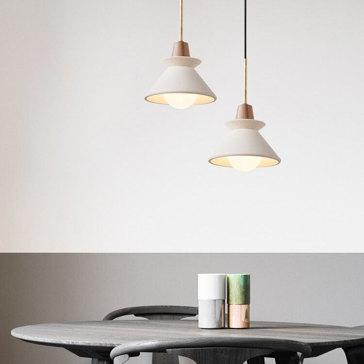 Modern Minimalist White Cement Iron Wood 1-Light Tapered Pendant Light For Dining Room