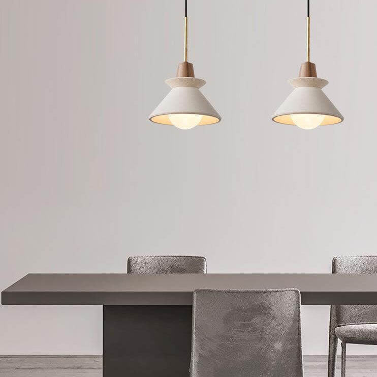 Modern Minimalist White Cement Iron Wood 1-Light Tapered Pendant Light For Dining Room