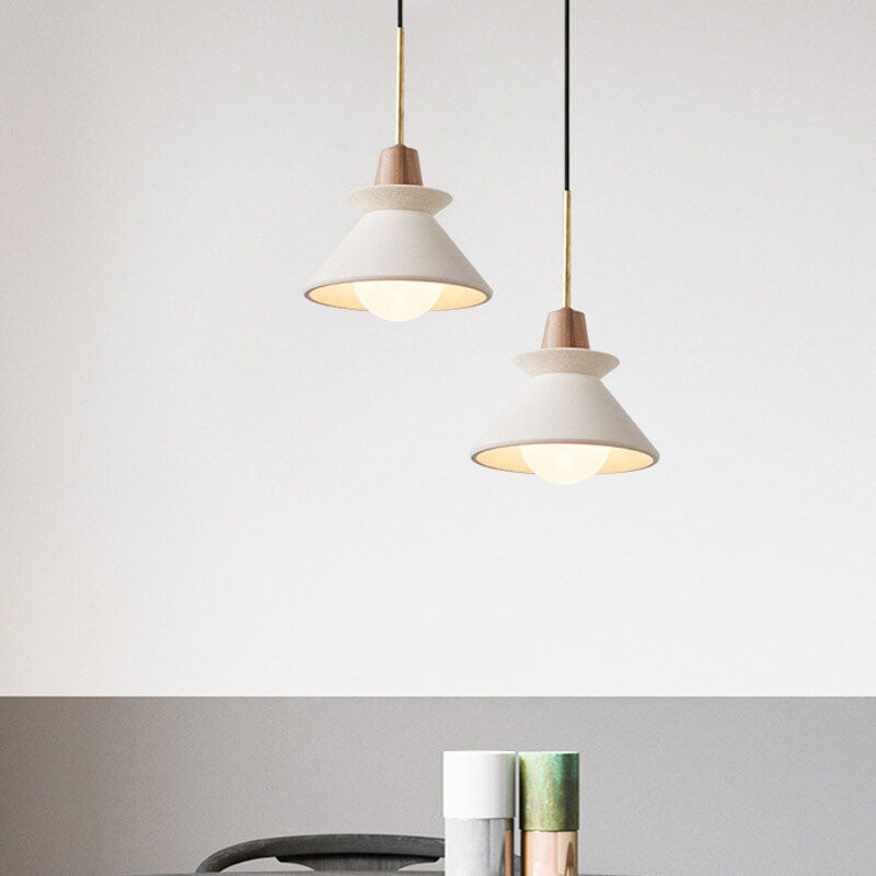 Modern Minimalist White Cement Iron Wood 1-Light Tapered Pendant Light For Dining Room