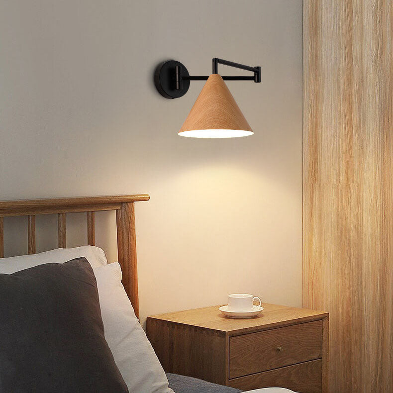 Contemporary Nordic Cone Swing Arm Wood Grain Iron 1-Light Wall Sconce Lamp For Bedroom