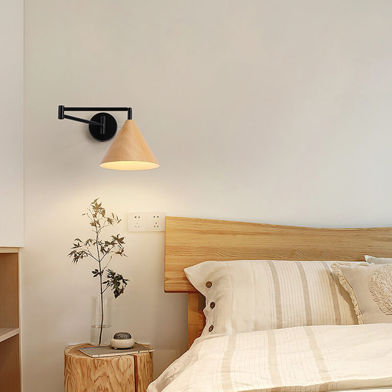 Contemporary Nordic Cone Swing Arm Wood Grain Iron 1-Light Wall Sconce Lamp For Bedroom