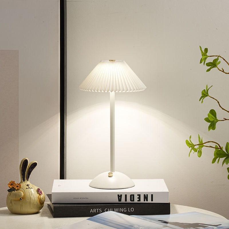 Contemporary Scandinavian Rechargeable Iron Fabric Conic Pleated 1-Light Table Lamp For Bedside