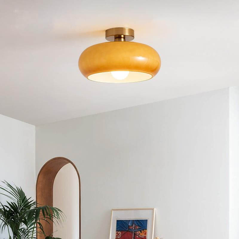 Modern Retro Round Solid Color Glass Electroplated Copper 1-Light Pendant Light Flush Mount Light