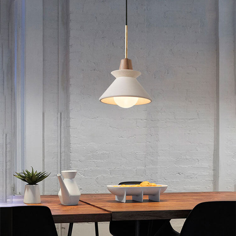 Modern Minimalist White Cement Iron Wood 1-Light Tapered Pendant Light For Dining Room
