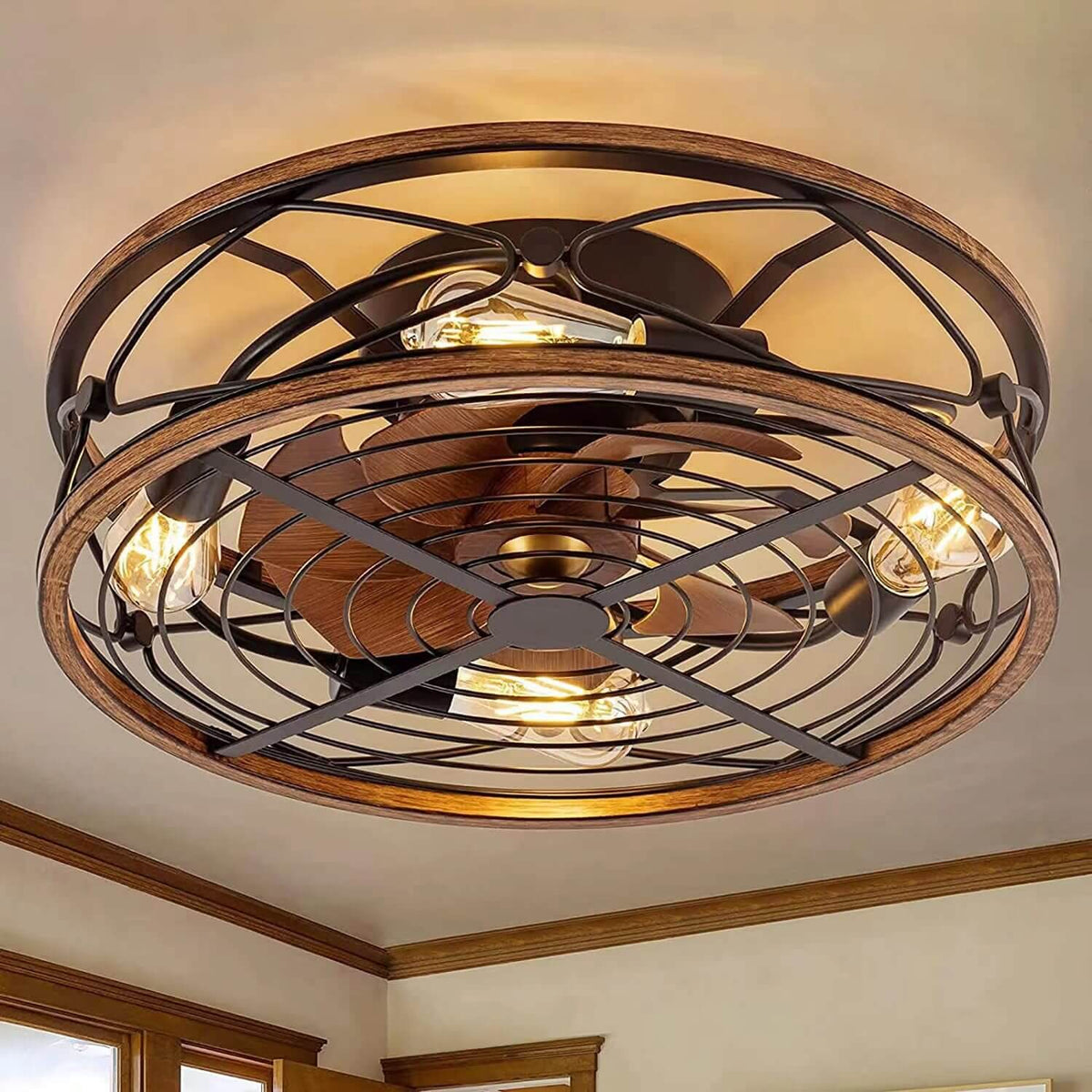 Contemporary Nordic Industrial Wrought Iron Cylinder 4-Light Flush Mount Ceiling Invisible Fan Light For Living Room