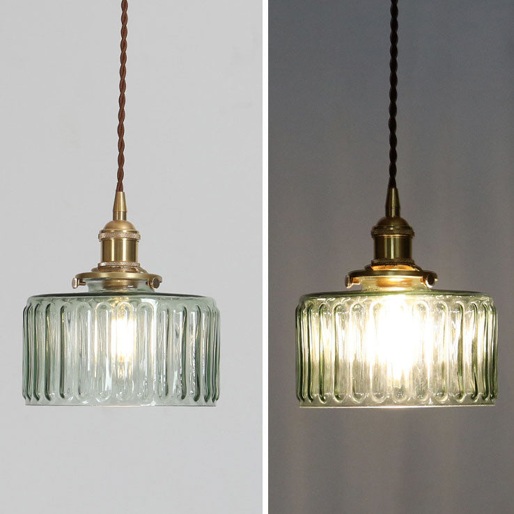 Traditional Japanese Brass Glass Round Jar 1-Light Pendant Light For Living Room