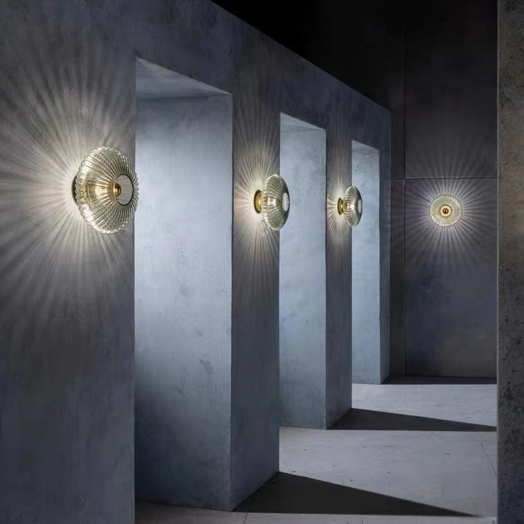 Contemporary Nordic Iron Striped Glass Round Disc 1-Light Wall Sconce Lamp for Living Room