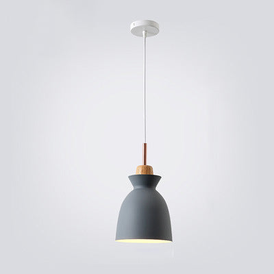 Contemporary Nordic Oak Wood Iron Bell Cone Dome 1-Light Pendant Light For Living Room