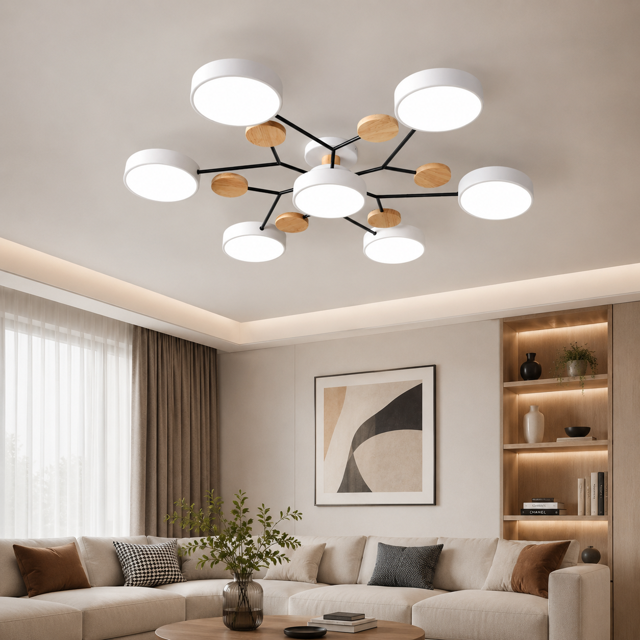 Contemporary Scandinavian Round Molecule Branch Design LED Semi-Flush Mount Ceiling Light For Living Room