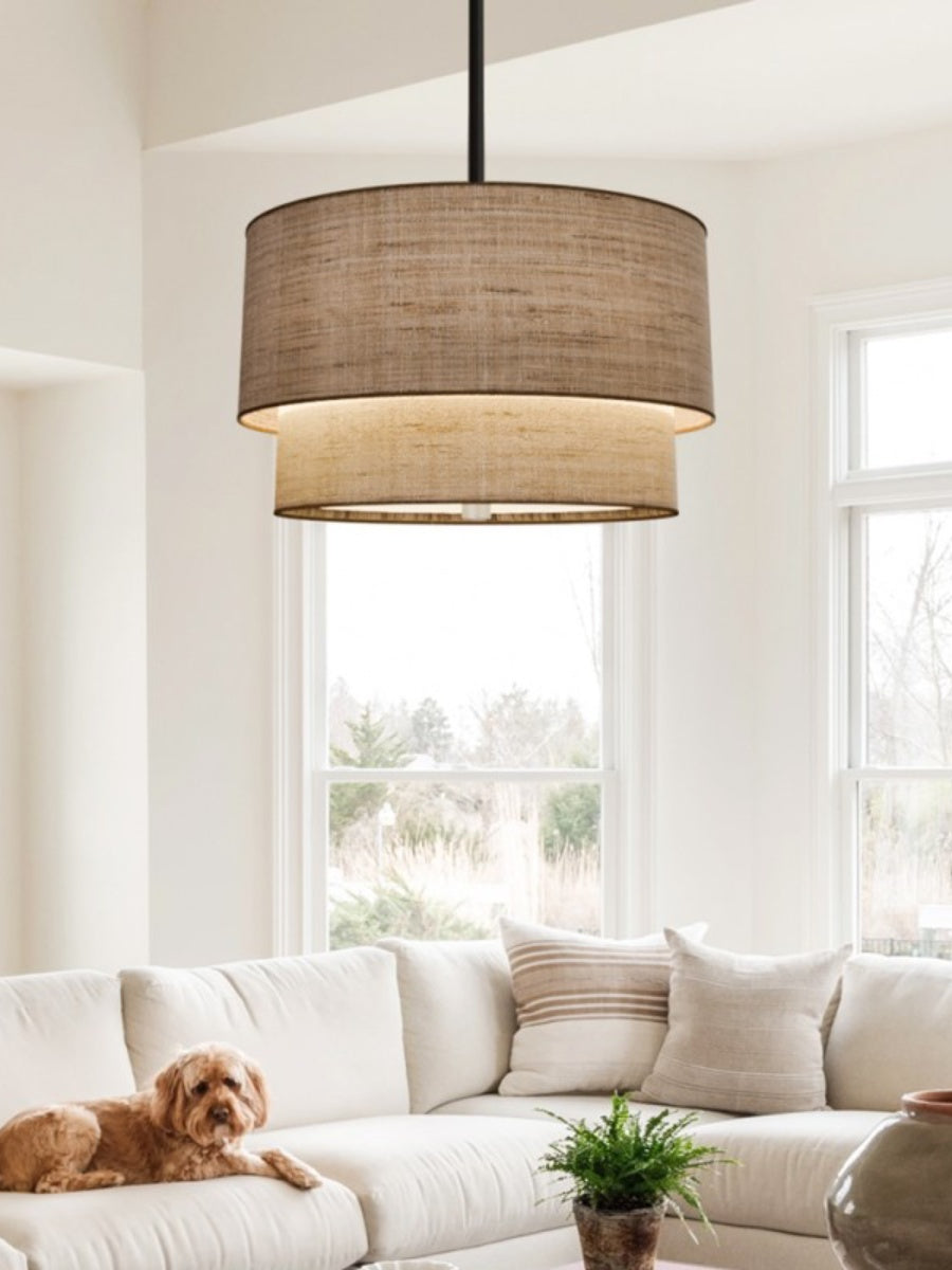 Double Fabric Drum Pendant Light - Modern Layered Shade Ceiling Lamp Perfect for Dining Room or Living Room