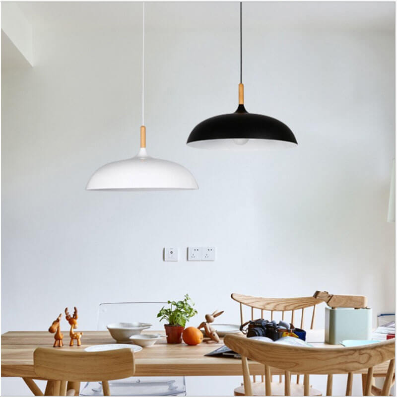 Modern Minimalist Metal Wooden Top 1-Light Dome Pendant Light For Dining Room & Living Room