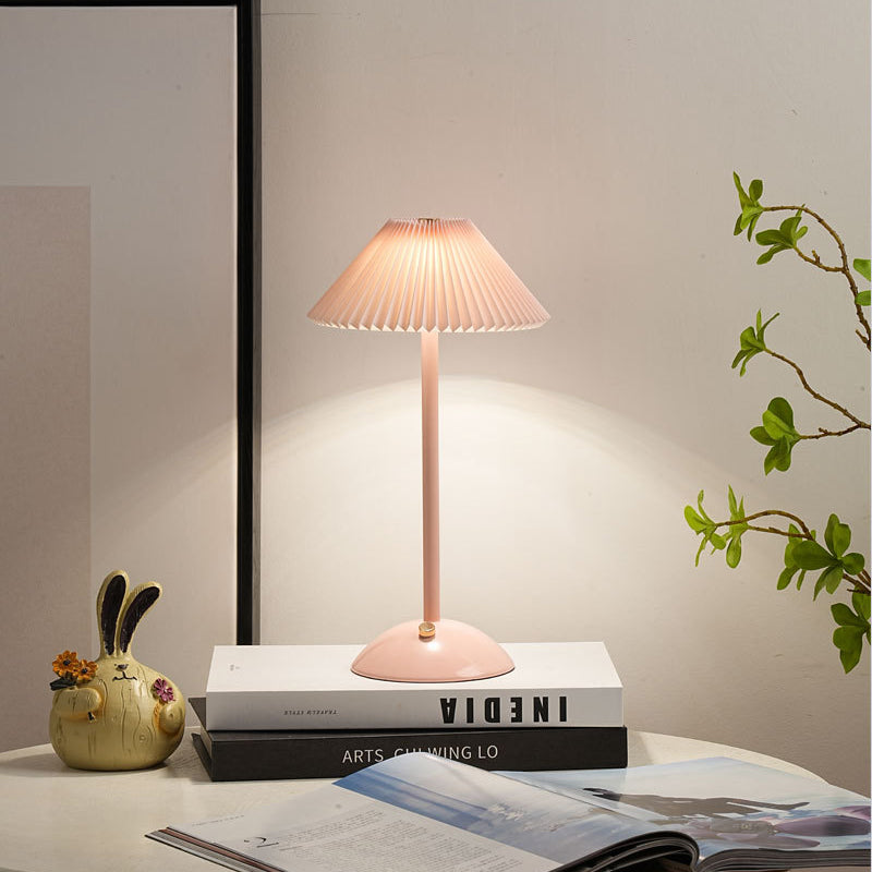 Contemporary Scandinavian Rechargeable Iron Fabric Conic Pleated 1-Light Table Lamp For Bedside