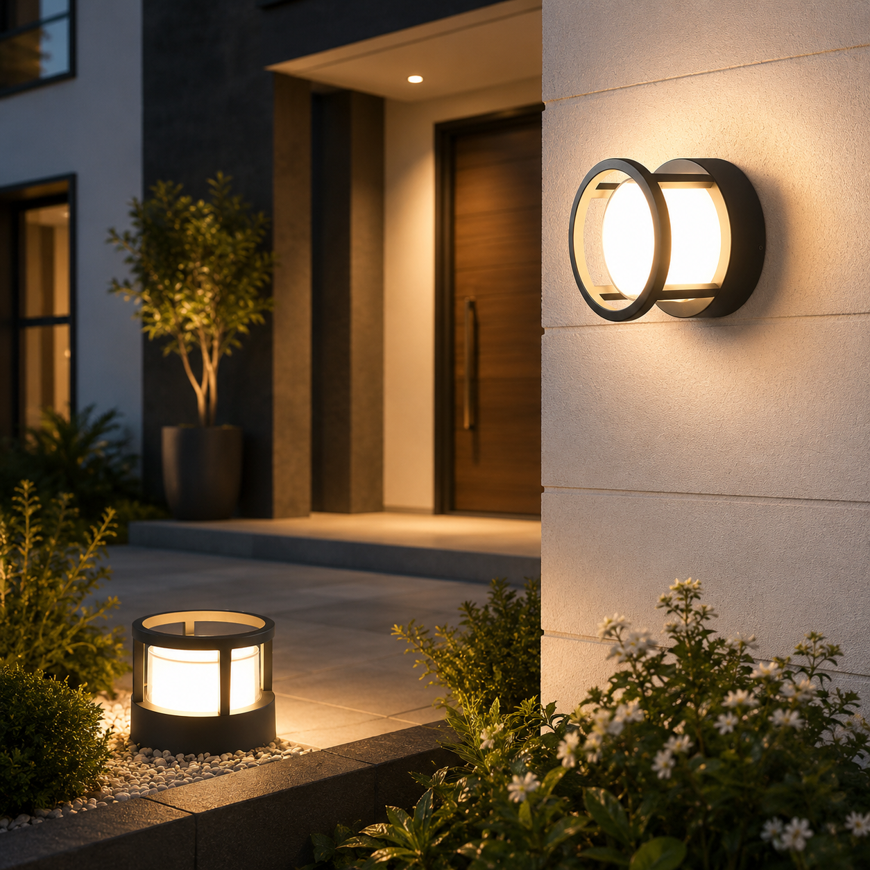 Modern Round Outdoor Post Light Double-Layered Lampshade Light