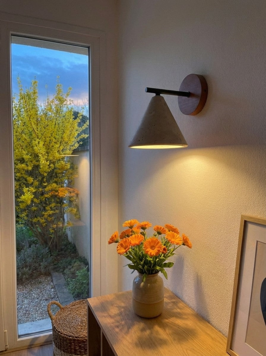 Modern Tapered Travertine Wall Sconce - Minimalist Accent Lighting for Bedroom