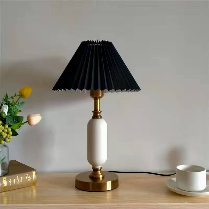 Traditional French Round Fabric PVC Metal Pleated Shade 1-Light Table Lamp For Bedroom