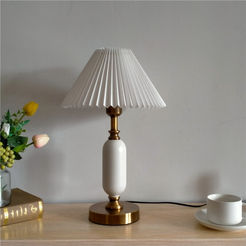 Traditional French Round Fabric PVC Metal Pleated Shade 1-Light Table Lamp For Bedroom