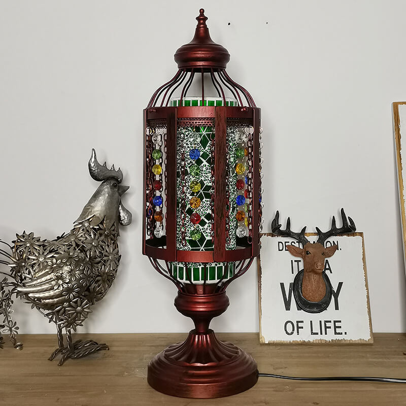 Traditional Vintage Turkish Stained Glass Iron Lantern 1-Light Table Lamp For Bedroom