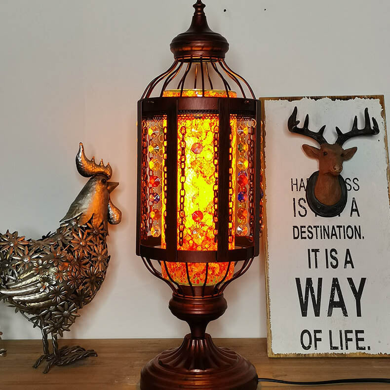 Traditional Vintage Turkish Stained Glass Iron Lantern 1-Light Table Lamp For Bedroom