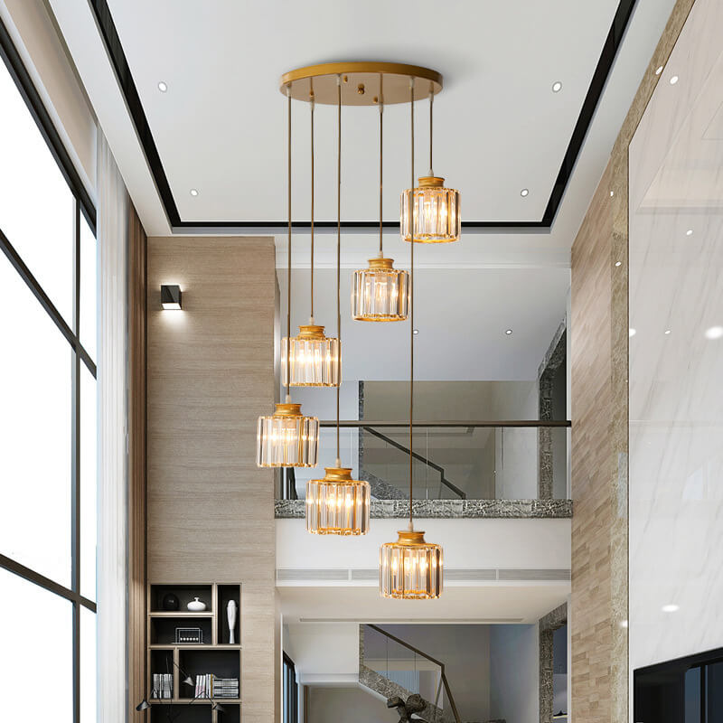Modern Prismatic Crystal Cylindrical 6-Light Stairway Chandeliers