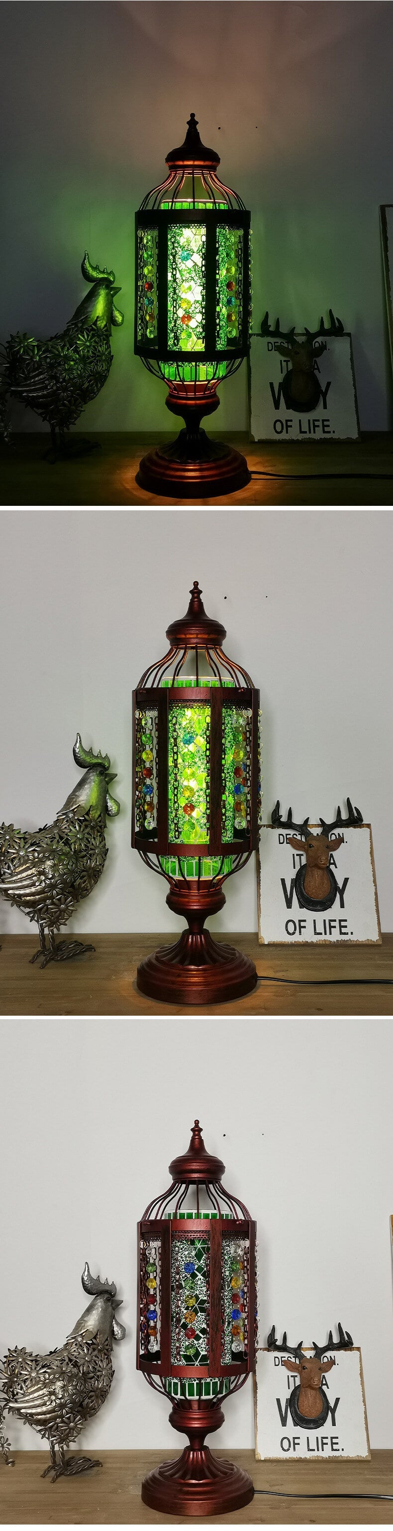 Traditional Vintage Turkish Stained Glass Iron Lantern 1-Light Table Lamp For Bedroom