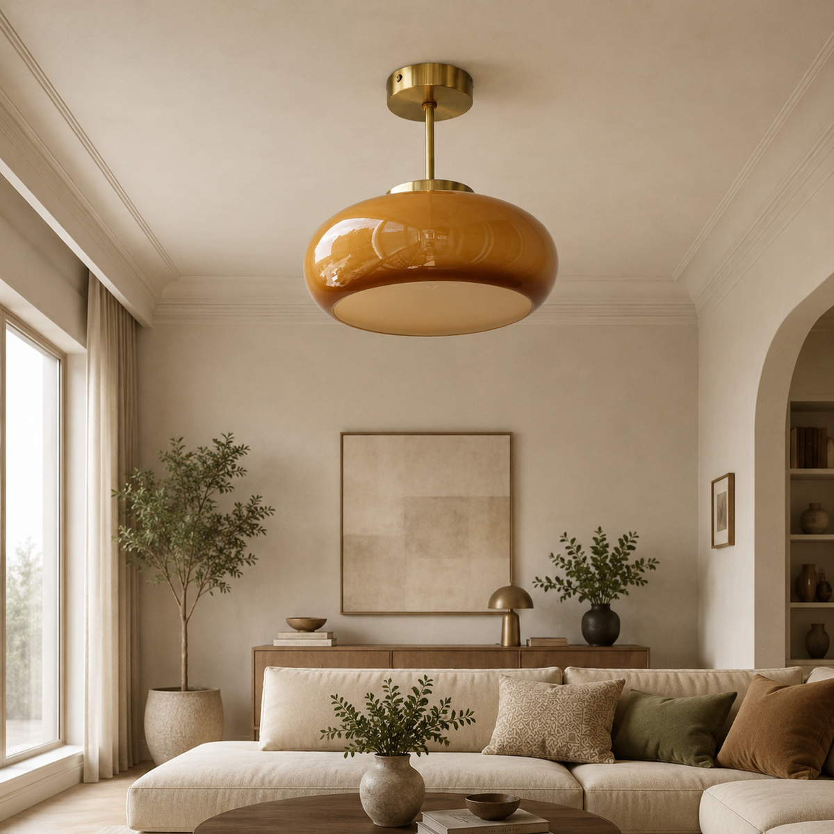 Vintage Brass Yellow Glass 1-Light Semi-Flush Mount Ceiling Light