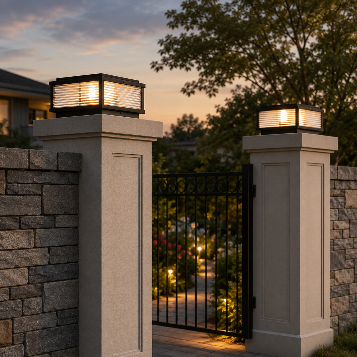 Square Pillar Light Ribbed Glass Outdoor Metal Light