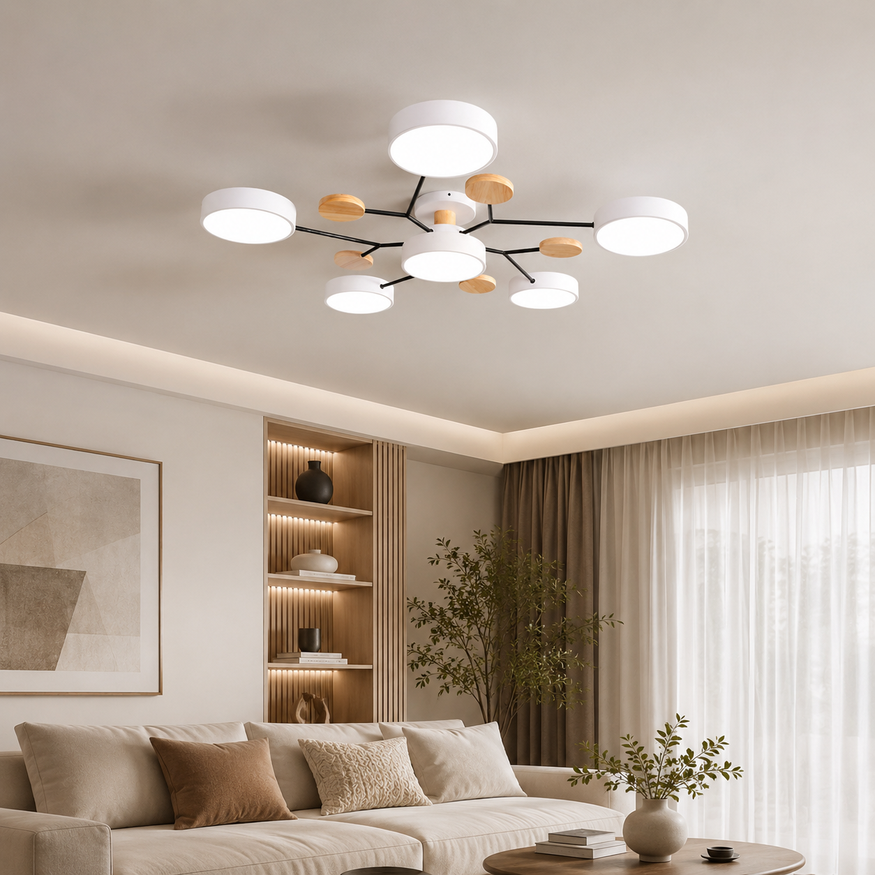 Contemporary Scandinavian Round Molecule Branch Design LED Semi-Flush Mount Ceiling Light For Living Room