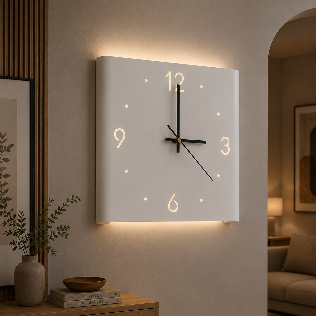 Wall Clock Lamp Modern Square Backlit Metal Light