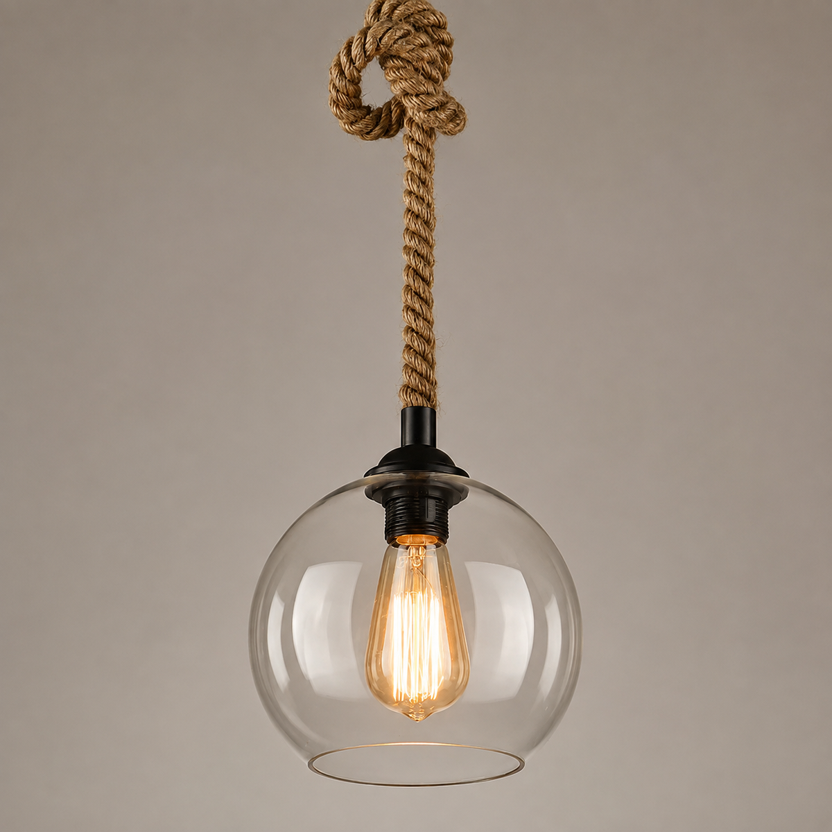 Traditional Vintage Glass Metal Rope Hanging Round 1-Light Pendant Light for Living Room