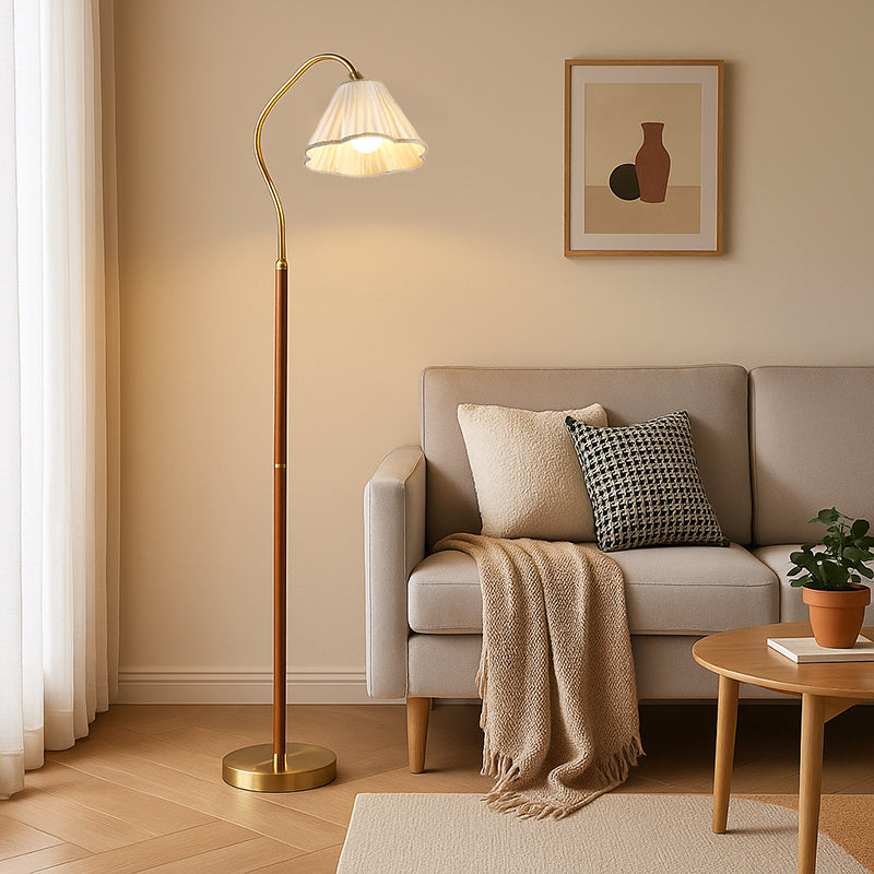 Japanese Vintage Flower Solid Wood Iron Fabric 1-Light Standing Floor Lamp