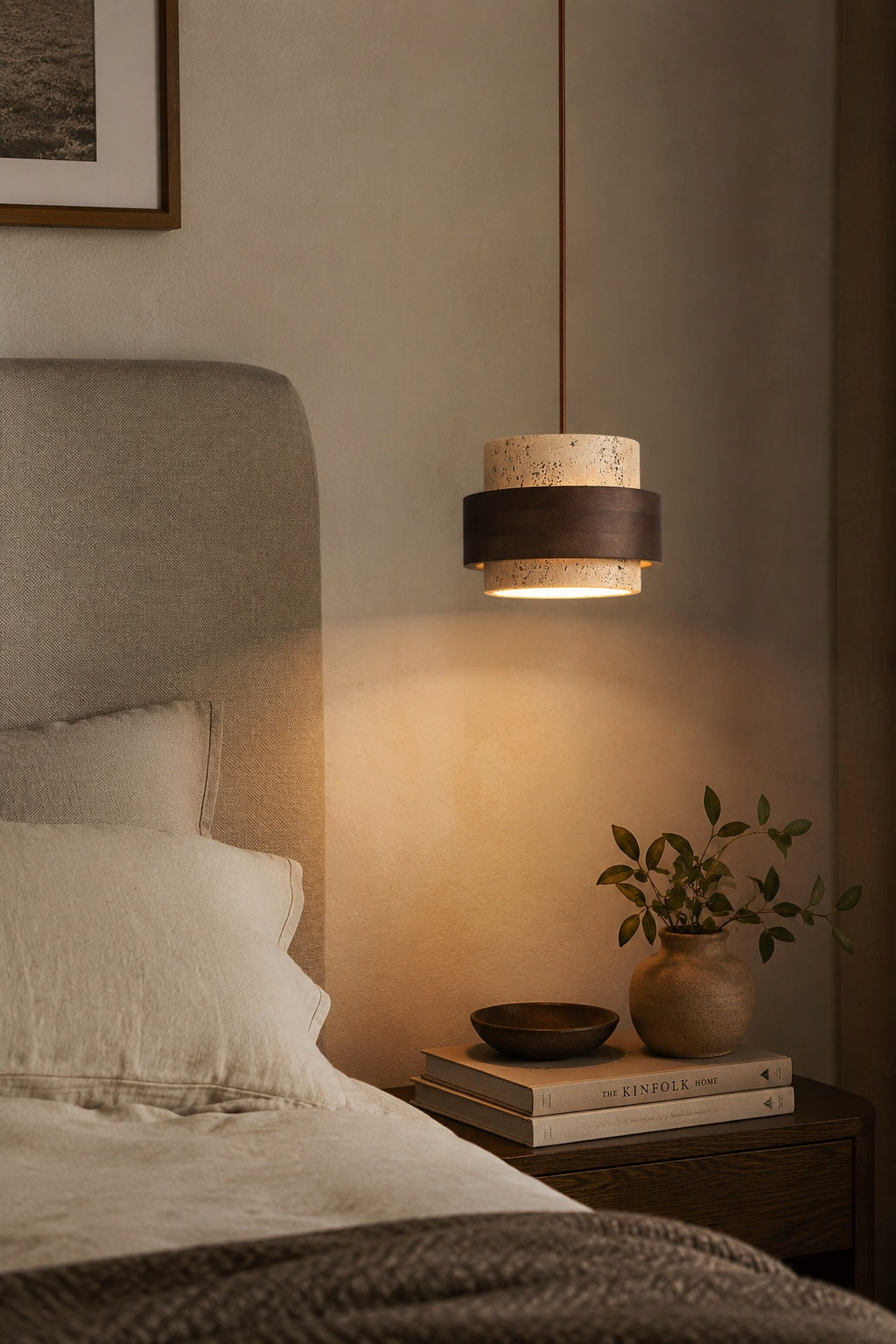Travertine Wood Pendant Lamp - Modern Organic Hanging Light for Living Room