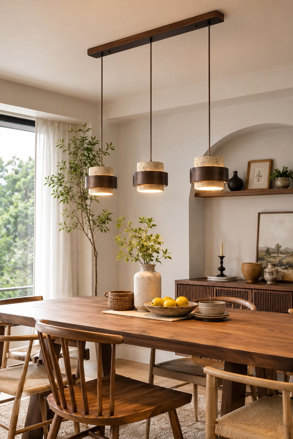 Travertine Wood Pendant Lamp - Modern Organic Hanging Light for Living Room