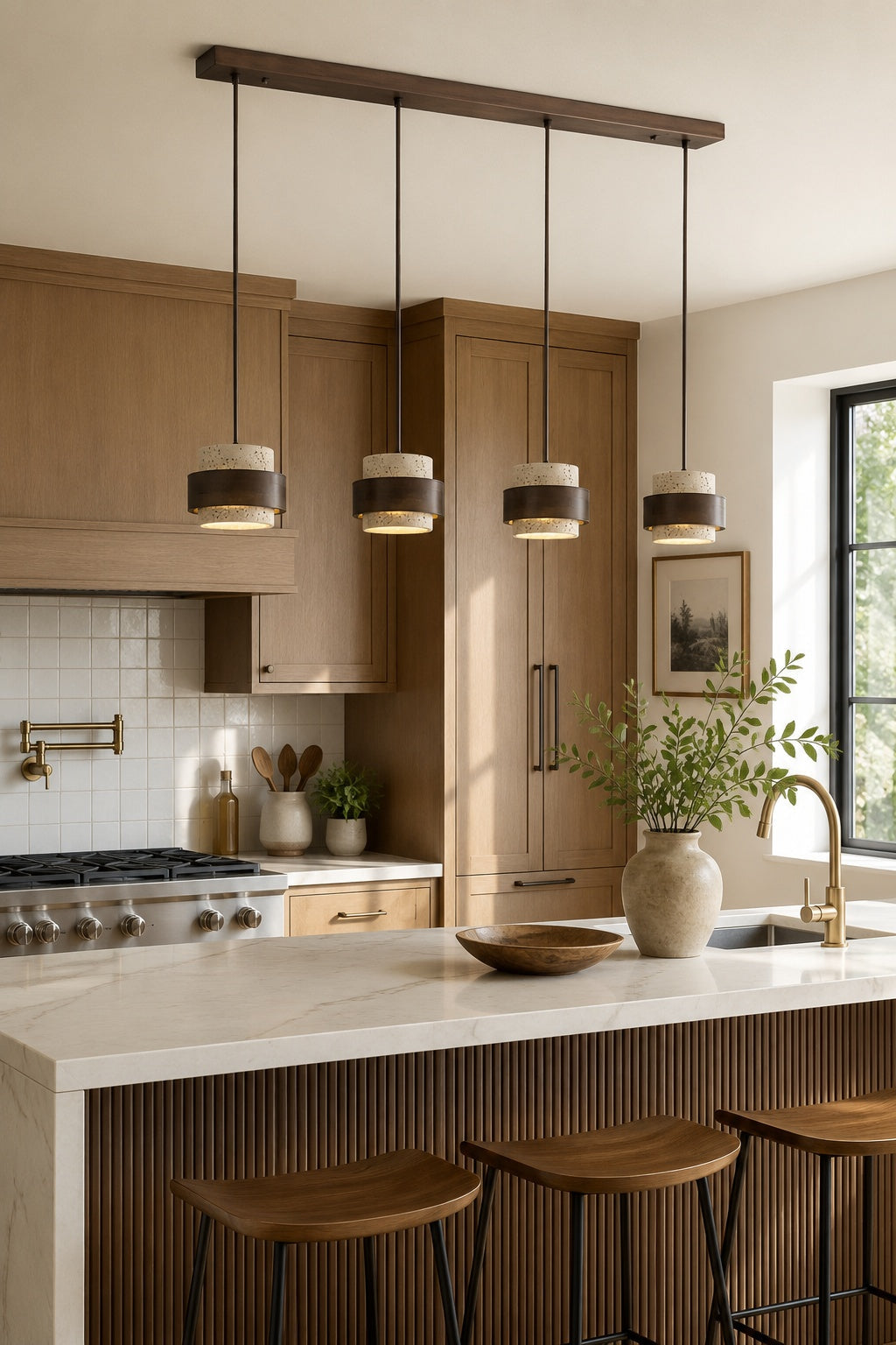 Travertine Wood Pendant Lamp - Modern Organic Hanging Light for Living Room