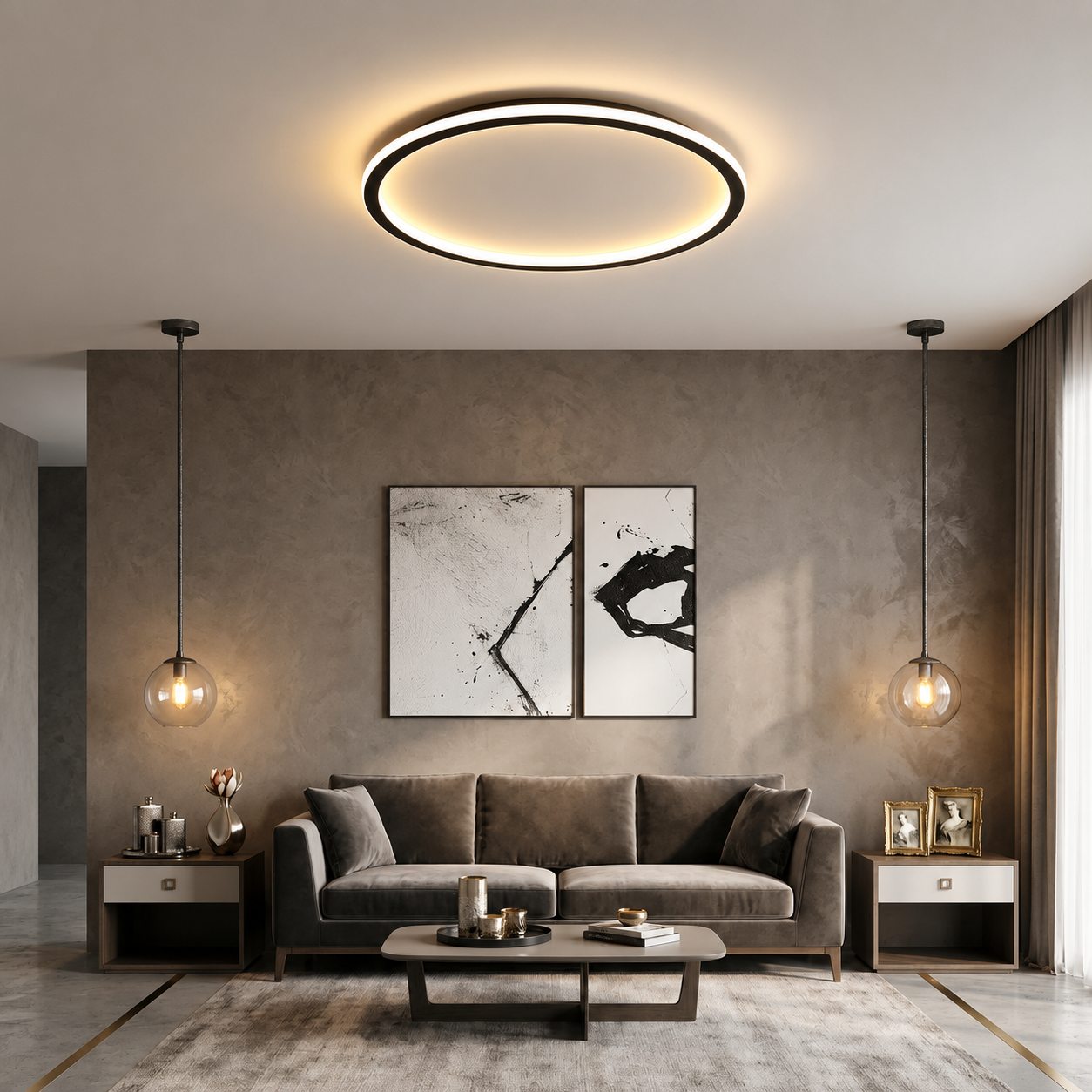 A modern circular LED ceiling light with a black outer ring and warm white glow, installed in a contemporary living room above a gray sofa.
