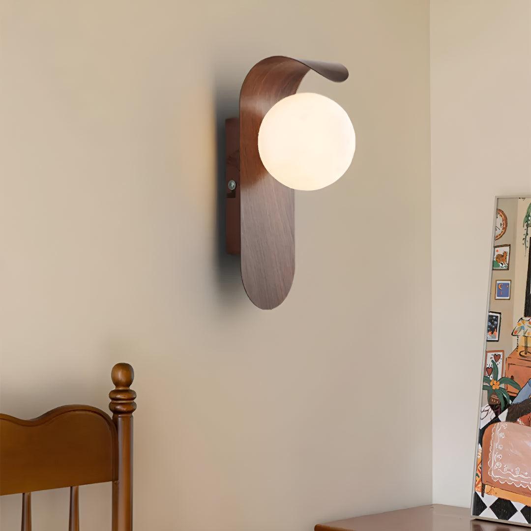 Modern Curved Wooden Wall Sconce Light With Frosted Globe
