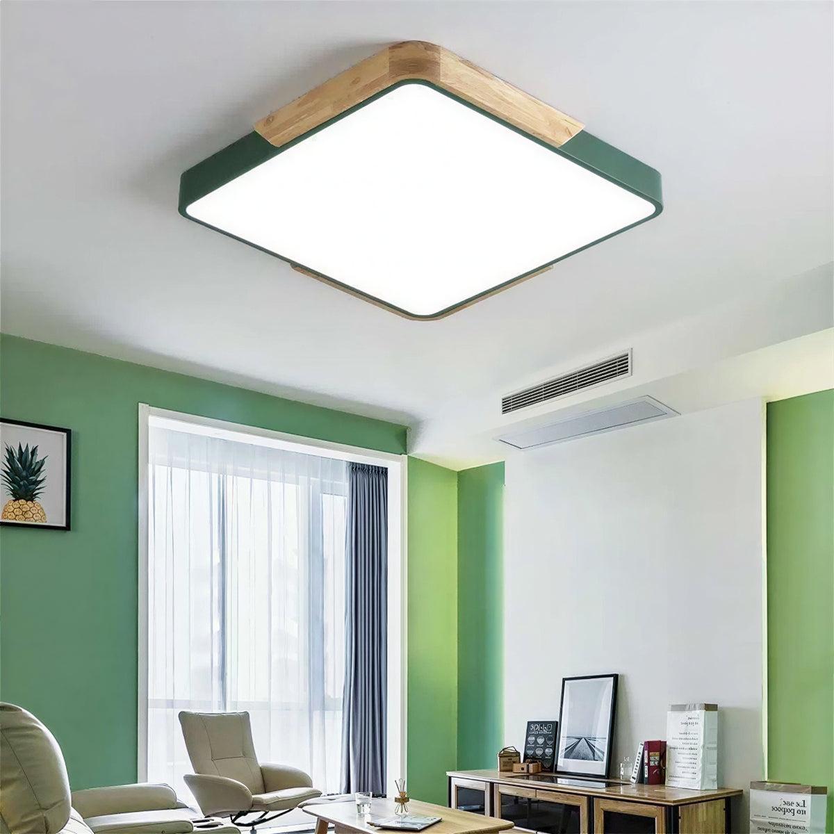 Modern Square Flush Mount Ceiling Light with Wooden Trim