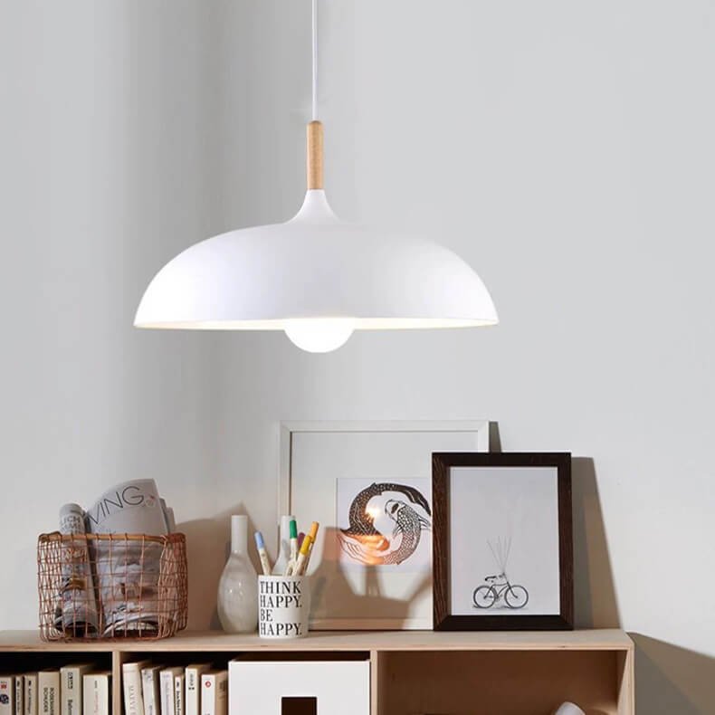 Modern Minimalist Metal Wooden Top 1-Light Dome Pendant Light For Dining Room & Living Room