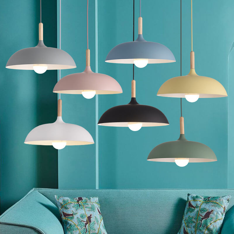 Modern Minimalist Metal Wooden Top 1-Light Dome Pendant Light For Dining Room & Living Room