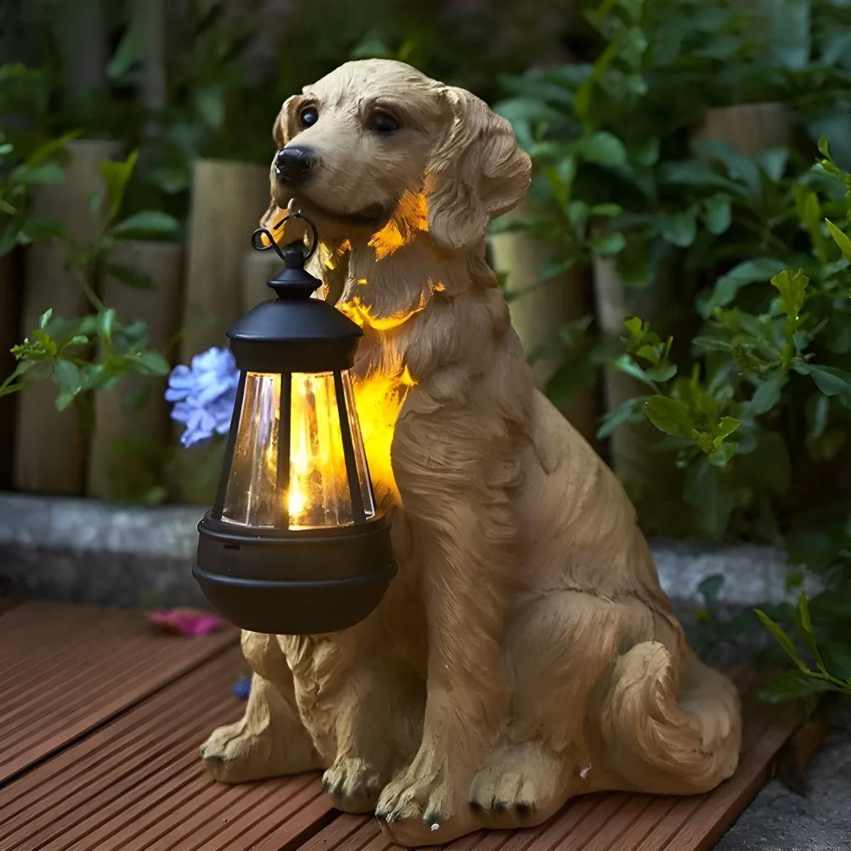 Outdoor Dog Statue Solar Garden Light with Lantern