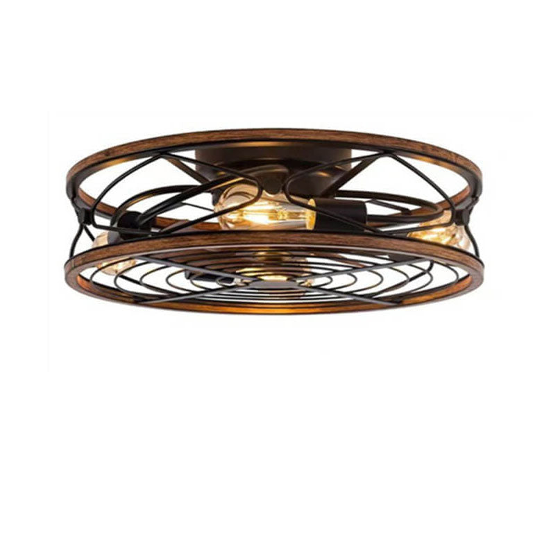 Contemporary Nordic Industrial Wrought Iron Cylinder 4-Light Flush Mount Ceiling Invisible Fan Light For Living Room