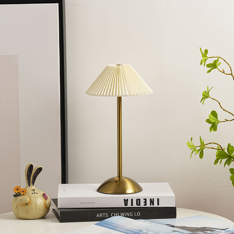 Contemporary Scandinavian Rechargeable Iron Fabric Conic Pleated 1-Light Table Lamp For Bedside