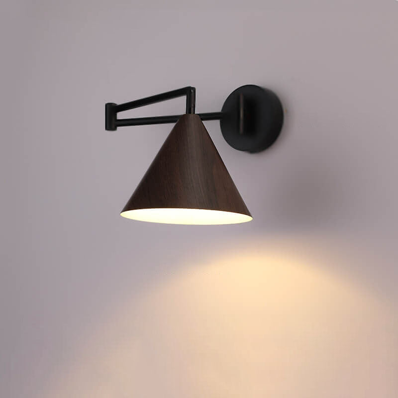Contemporary Nordic Cone Swing Arm Wood Grain Iron 1-Light Wall Sconce Lamp For Bedroom