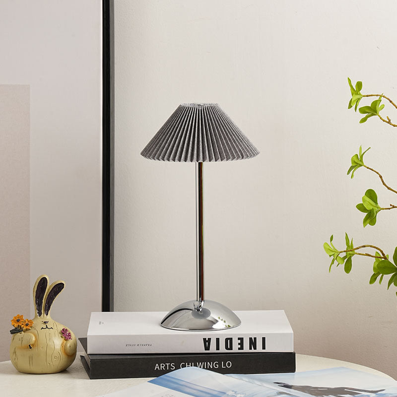 Contemporary Scandinavian Rechargeable Iron Fabric Conic Pleated 1-Light Table Lamp For Bedside