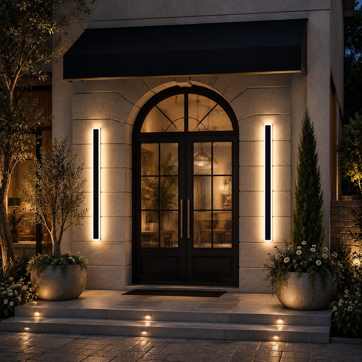 Modern vertical wall sconces installed on either side of a double front door, illuminating a stone entryway at night. The sleek black fixtures are mounted on a beige stone facade with a dark awning above, flanked by potted plants and steps.