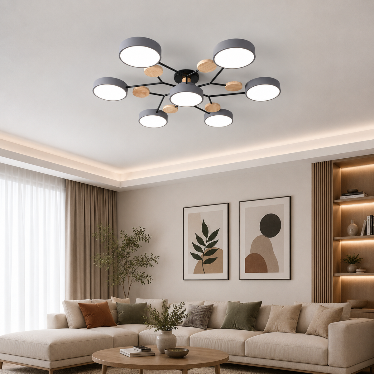 Contemporary Scandinavian Round Molecule Branch Design LED Semi-Flush Mount Ceiling Light For Living Room