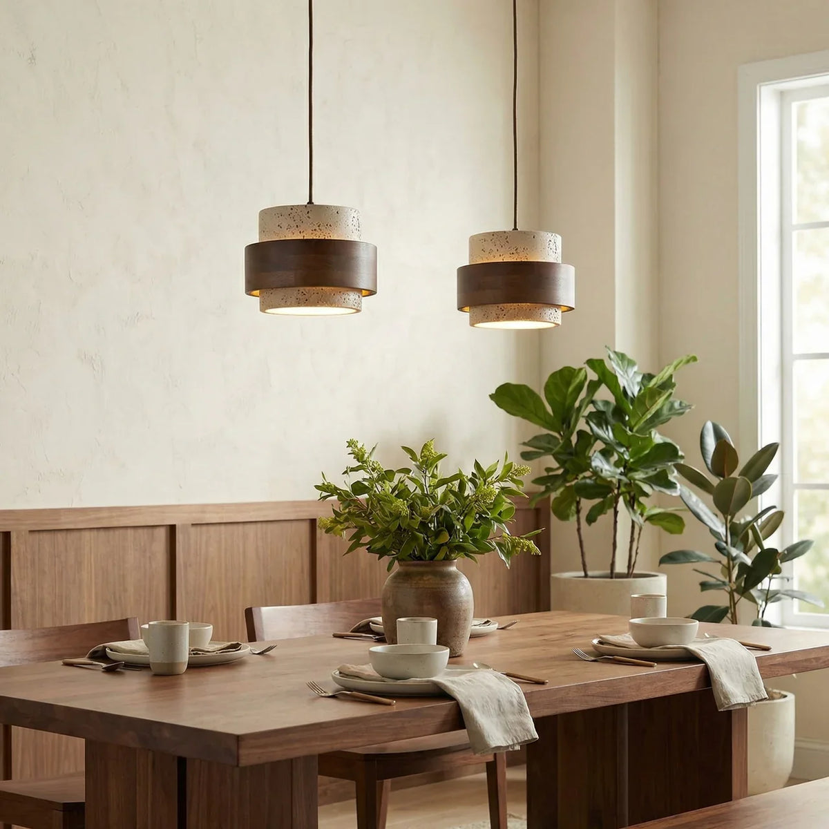 Travertine Wood Pendant Lamp - Modern Organic Hanging Light for Living Room