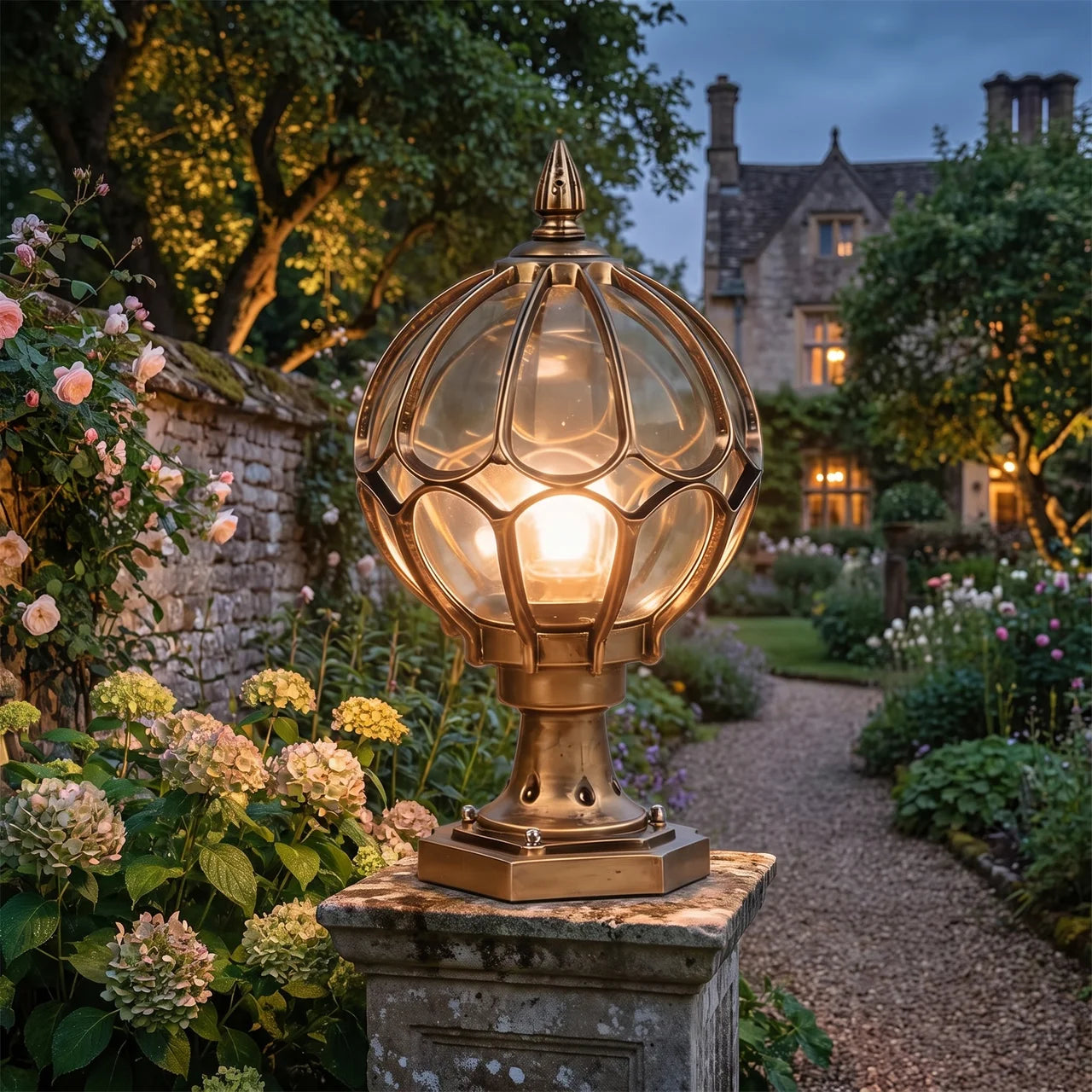 Outdoor Globe Pillar Lights Retro Glass Globe Copper Fence Post Light