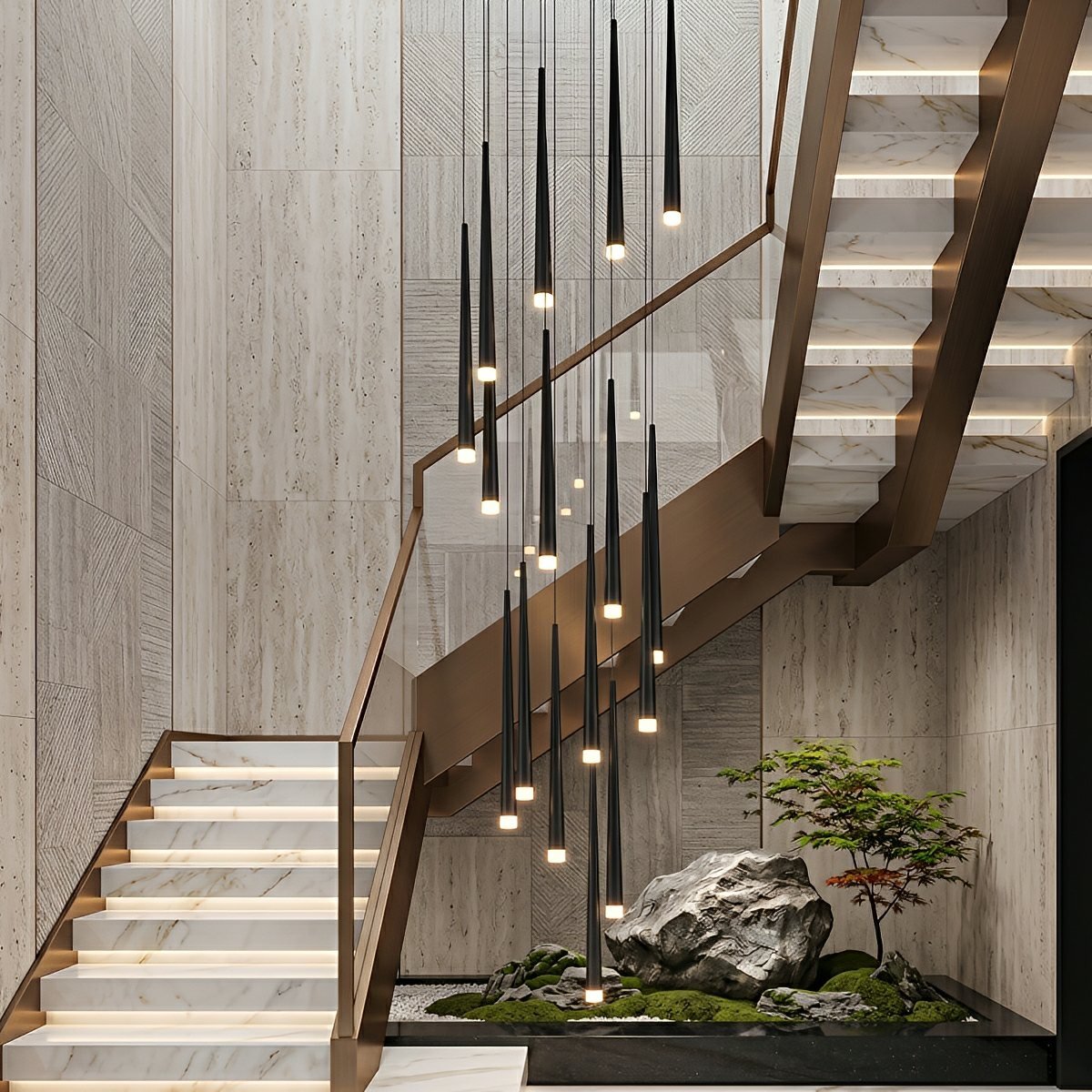 Modern Minimalist Multi-Drop Linear LED Stairs Chandelier