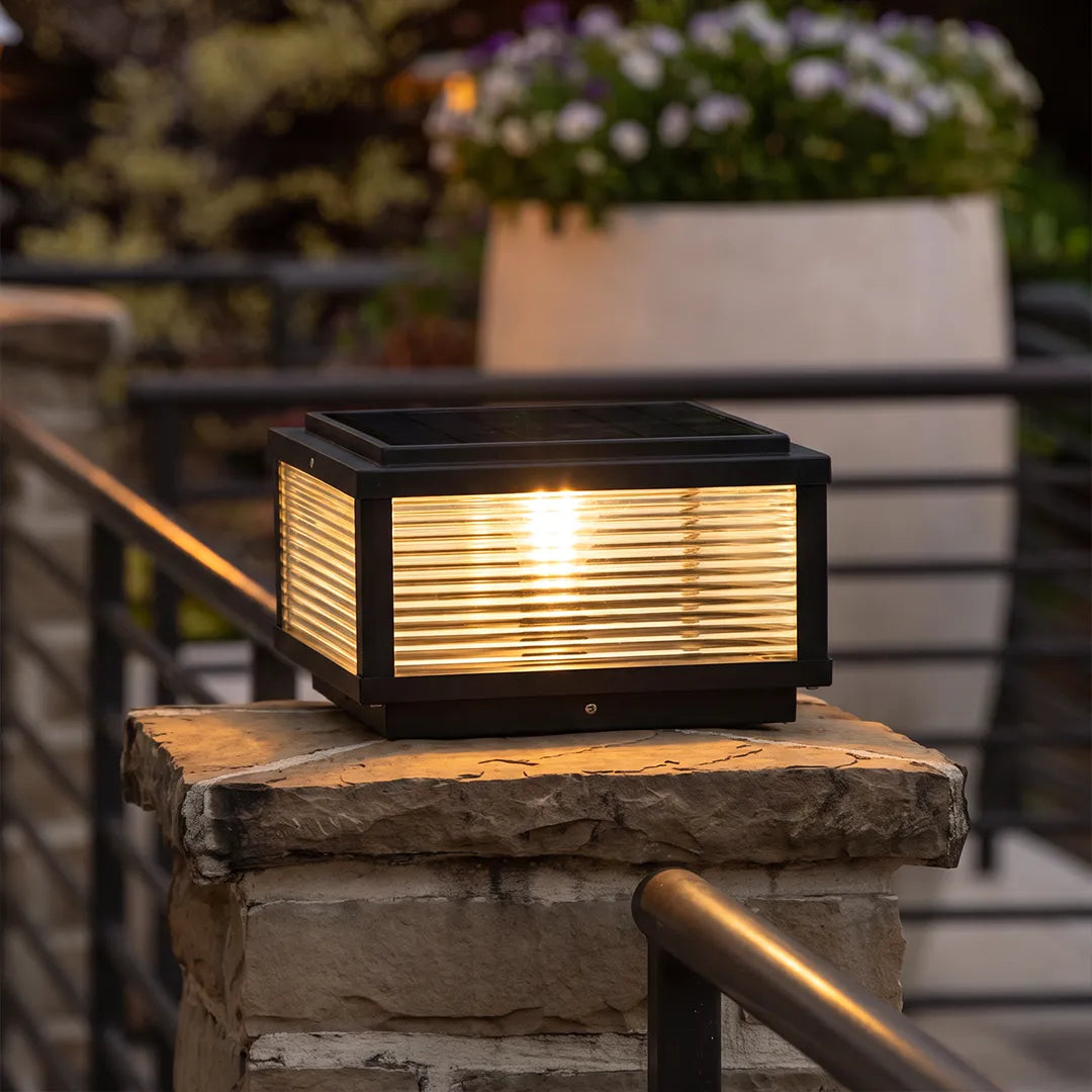 Square Pillar Light Ribbed Glass Outdoor Metal Light